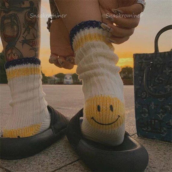 Cute Smiley Face Socks Heel Smile Sock Knitted Tube Socks Etsy