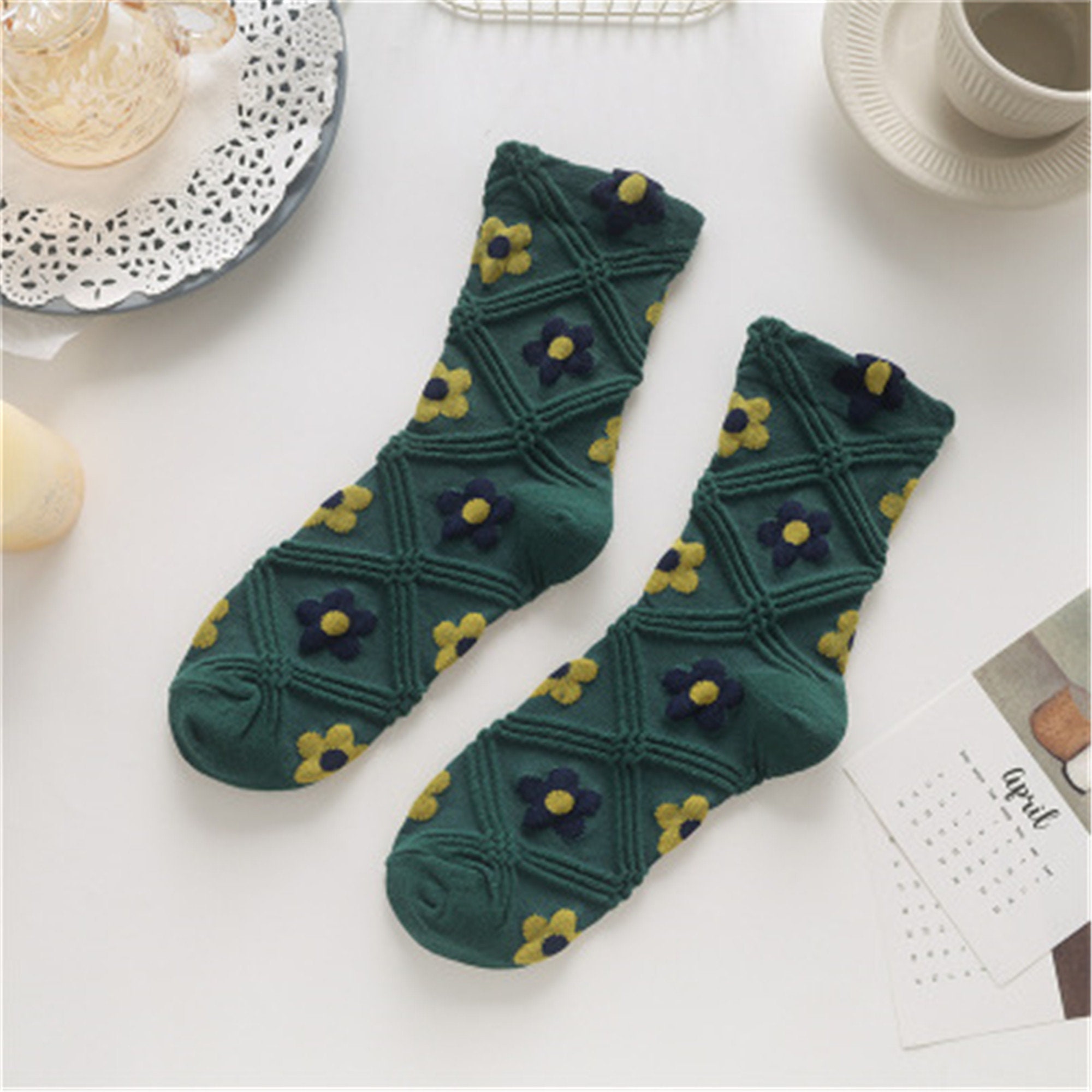 Vintage Flower Socks Retro Diamond Pattern Socks Women Etsy