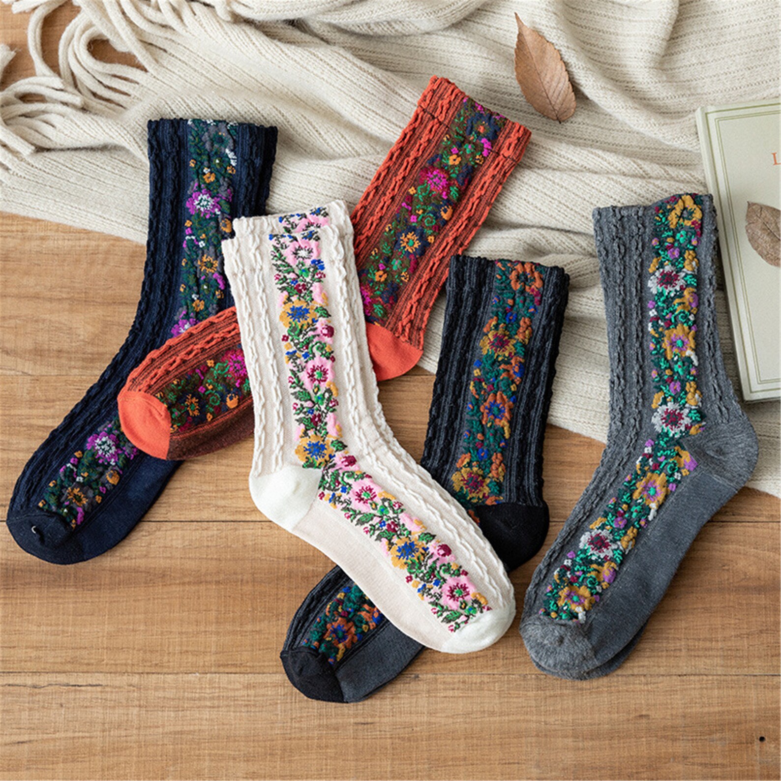 Embroidered Floral Socks Country Style Flower Prints Warm Etsy