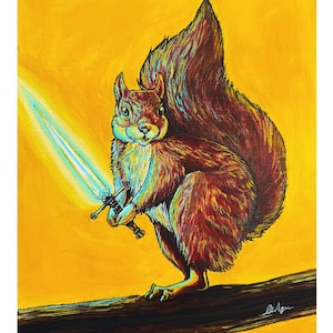 May include: A squirrel with a bushy tail holds a glowing blue lightsaber in its paws. The squirrel is standing on a branch against a yellow background.