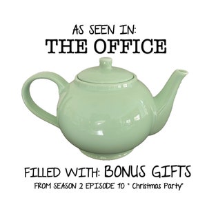 Jim & Pam’s Teapot — The Office Teapot — Seafoam Green Teapot filled with the exact “Bonus Gifts” Jim surprised Pam in “Christmas Party”