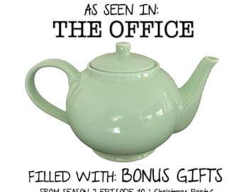 Jim & Pam’s Teapot — The Office Teapot — Seafoam Green Teapot filled with the exact “Bonus Gifts” Jim surprised Pam in “Christmas Party”
