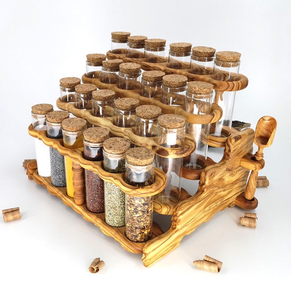 Olive Wood Tiered Spice Stand With Two Scoops - Olivewood Pens®