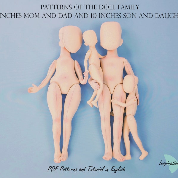 Pdf pattern tutorial doll 16 Mom Dad and 10 inches Son Daughter doll PDF Sewing Tutorial textile rag doll handmade textile doll