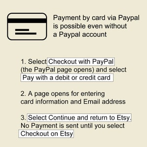 May include: Image with instructions on how to pay with a credit or debit card via PayPal on Etsy. The image includes a credit card icon and numbered steps with text explaining the process.