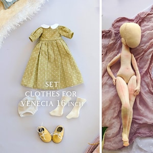 May include: A set of clothes for a 16 inch doll, including a green polka dot dress with a white collar, a pair of white socks, a white diaper, and a pair of yellow shoes. The text "SET CLOTHES FOR VENECIA 16 INCH" is printed on the white background.