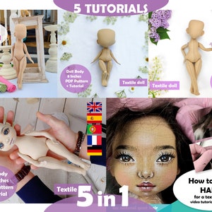 5 tutorials doll body how make hair pattern doll rag doll textile doll 8 inch doll 10 inch doll video tutorial textile doll standing doll