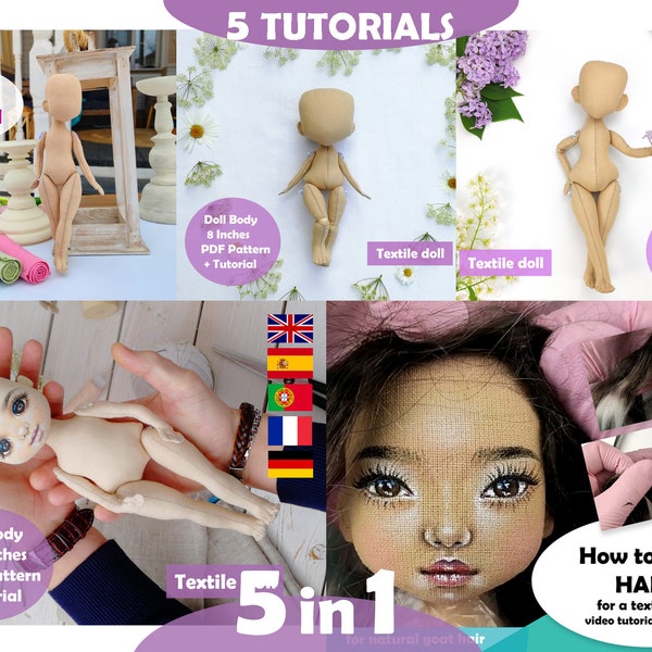 5 Tutorials Puppenkörper wie machen Haarpuppe Stoffpuppe 8 zoll 10 zoll Puppe 10 zoll puppe haar muster puppe Video Tutorial Textilpuppe stehpuppe