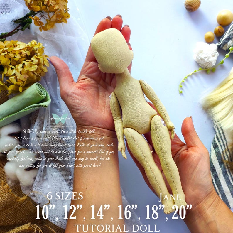 6 PDF tutorials Jane doll for 10”, 12”, 14”, 16”, 18” and 20” dolls / Pattern doll / blank body doll / Sewing art doll / rag doll tutorial image 1