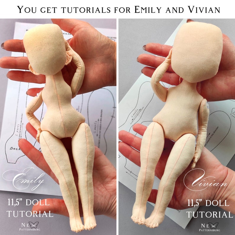 Pode incluir: Dois padr&otilde;es de costura de bonecas de 11,5 polegadas com os nomes "Emily" e "Vivian" impressos neles. Os padr&otilde;es est&atilde;o dispostos sobre uma superf&iacute;cie branca e s&atilde;o acompanhados por duas bonecas feitas de tecido. As bonecas est&atilde;o em diferentes posi&ccedil;&otilde;es e t&ecirc;m uma cor bege claro.