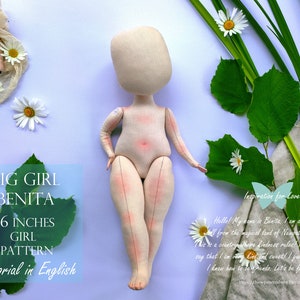 Pdf tutorial doll 16 inches Benita cloth doll pattern PDF Sewing soft art doll Tutorial textile rag doll Easy textile doll