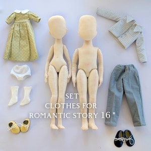 May include: A set of clothes for a 16-inch doll, including a green dress with white polka dots, a white underskirt, white socks, yellow shoes, a blue shirt with a white and blue checkered pattern, blue pants, and black shoes.