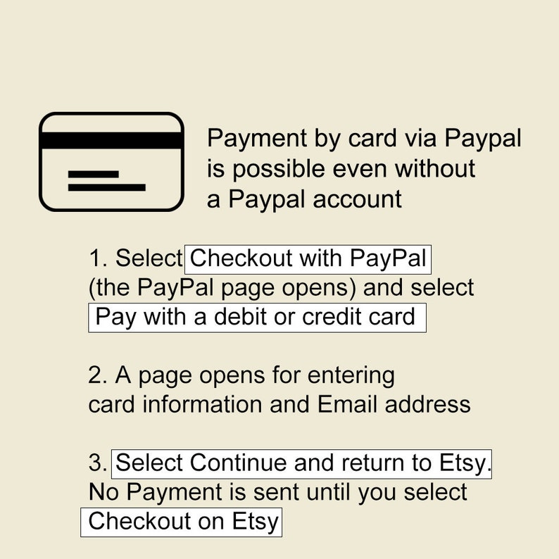 Pode incluir: Um diagrama que explica como pagar com um cart&atilde;o de d&eacute;bito ou cr&eacute;dito atrav&eacute;s do PayPal no Etsy. As etapas incluem selecionar "Pagar com PayPal", inserir as informa&ccedil;&otilde;es do cart&atilde;o e o endere&ccedil;o de e-mail, e selecionar "Continuar" para voltar ao Etsy.