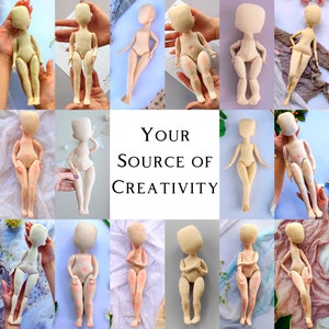 Może przedstawiać: Kolaż korpusów lalek z tkaniny w różnych pozach. Lalki są beżowe ze szczegółowymi szwami, niektóre z malowanymi detalami. Tekst "Your Source of Creativity" jest wyśrodkowany na obrazie. Lalki są prezentowane na różnorodnych kolorowych tłach.