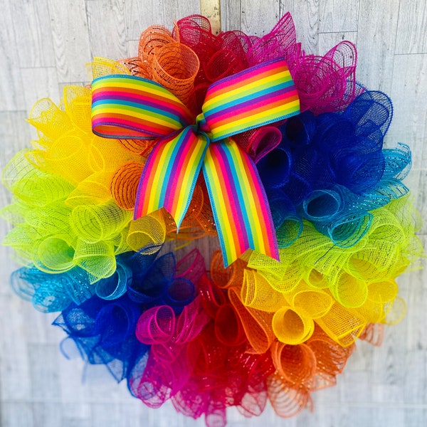 24” Bright Deco Mesh Rainbow Wreath, Bright Floral Door Decor, Pride Wreath, Colorful Wreath, Rainbow Decor, Door Hanging, Summer Decor