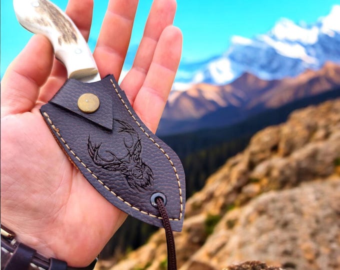 Featured listing image: Handmade Compact Bushcraft Knife, Deer Antler Handle, Leather Sheath, EDC Gift for Him