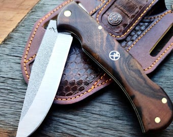 Personalized Folding Knife – Walnut Handle, Genuine Python Leather Sheath, EDC, Camping & Unique Gift for Him