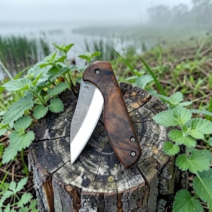 Può includere: Un coltello pieghevole con manico in legno scuro e lama argentata è aperto, appoggiato su un ceppo d'albero. Il manico presenta un ricco motivo a venature vorticose. La lama è parzialmente aperta, rivelando un bordo affilato. Lo sfondo presenta un lago nebbioso e fogliame verde.