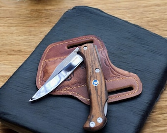 Custom Folding Pocket Knife – N690 Steel Blade, Walnut Handle, Leather Sheath, Personalized EDC Gift for Him
