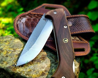 Custom Engraved Folding Pocket Knife – N690 Steel Blade, Walnut Handle & Python Leather Sheath – Personalized EDC Gift for Him