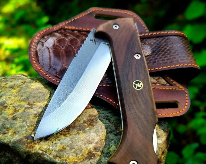 Featured listing image: Custom Engraved Folding Pocket Knife – N690 Steel Blade, Walnut Handle & Python Leather Sheath – Personalized EDC Gift for Him