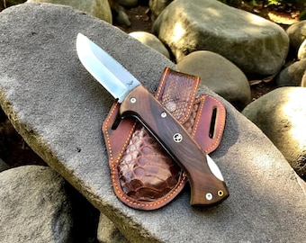Handmade Walnut Folding Knife – N690 Steel, Personalized Engraving, Python & Leather Sheath – Father’s Day or Groomsman Gift
