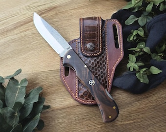 Handmade Folding Pocket Knife – Walnut Grip, Real Python Sheath, EDC, Camping, Survival, Gift for Groomsmen