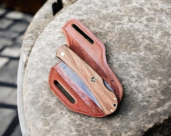 Luxury Custom Pocket Knife – Handcrafted Folding Knife with Leather Sheath, EDC Tool & Gift for Outdoor Enthusiasts
