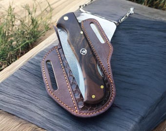 Luxury Custom Folding Knife – Walnut Handle, Python Leather Sheath, EDC, Camping, Unique Gift for Him