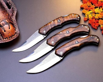 Luxury Handmade Folding Knife – N690 Stainless  Steel Blade, Walnut Root Handle, Leather Sheath – Personalized EDC Pocket Knife Gift for Him