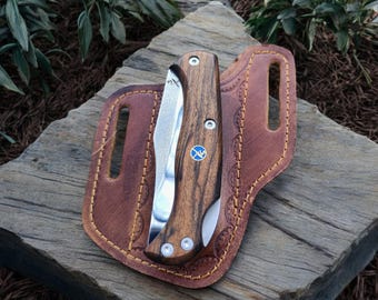 Handmade Personalized Folding Knife – N690 Stainless Steel, Walnut Handle, Leather Sheath, EDC & Survival Gift