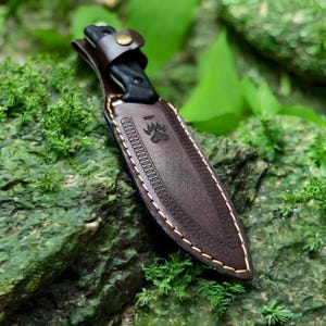 Op de afbeelding: Een jachtmes met een zwart handvat en een bruine leren schede. De schede heeft een berenpootafdruk en decoratieve stiksels. Het mes is vastgezet met een leren riem en knoop. De achtergrond is natuurlijk groen.