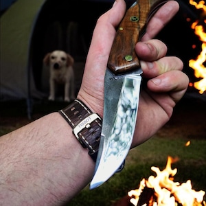 Personalized Folding Pocket Knife – Walnut Handle, N690 Blade, Real Python Sheath, Gift for Him, Anniversary or Father’s Day Gift
