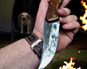 Personalized Folding Pocket Knife – Walnut Handle, N690 Blade, Real Python Sheath, Gift for Him, Anniversary or Father’s Day Gift