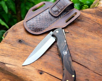 Custom Handmade Folding Knife – Walnut Handle, Real Python Leather Sheath, EDC, Camping & Survival Gear, Unique Gift for Him, Groomsman Gift