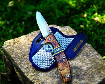 Personalized Folding Pocket Knife – N690 Steel Blade, Walnut Handle, Python Leather Sheath, Gift for Him, EDC, Father's Day