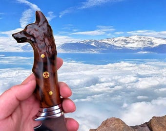 Handmade Large Hunting Knife – 13.4" Wolf Head Blade, Walnut Handle, Personalized Outdoor Gift for Him