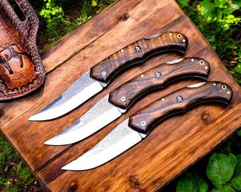Personalized Handmade Folding Knife – N690 Steel Blade, Walnut Root Handle, Leather Sheath, EDC Gift for Him