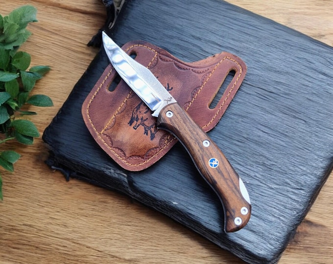 Featured listing image: Personalized Folding Knife – N690 Steel Blade, Walnut Handle, Leather Sheath, Pocket Knife Gift for Him, EDC & Survival Gear