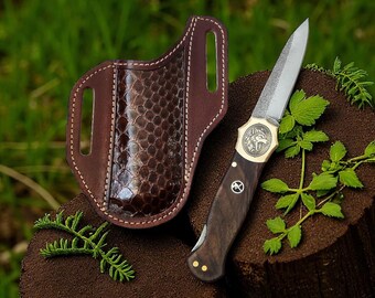 Custom Engraved Folding Knife – N690 Steel Pocket Knife, Lockback Mechanism, Walnut & Brass Handle, EDC, Survival -