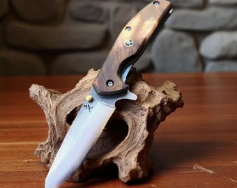 Custom Engraved Folding Knife  N690 Steel Blade, Walnut Handle & Leather Sheath  Personalized Pocket Knife Gift for Him EDC  Father's Day