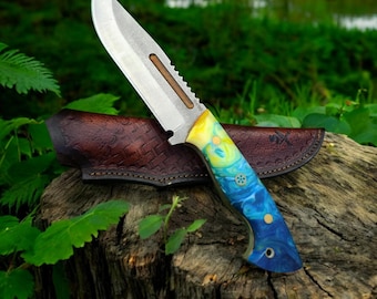 Handmade Hunting Knife – N690 Steel Blade, Resin Handle, Leather Sheath, Survival & Camping Knife, Gift for Him