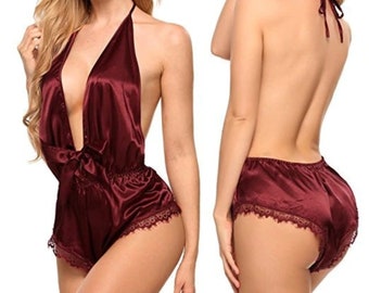 Women Sexy Lace Satin Lingerie Smooth Silk-like Nightwear Sleepwear Set Nighties for Women Night Dress Wear Deep V-Neck