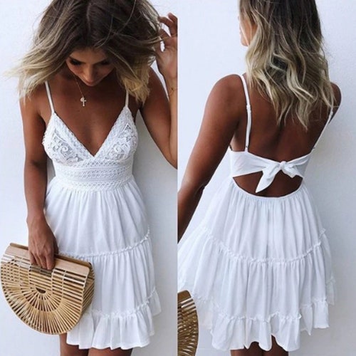 Women Summer Sexy White Lace Backless Spaghetti Strap Dress - Etsy
