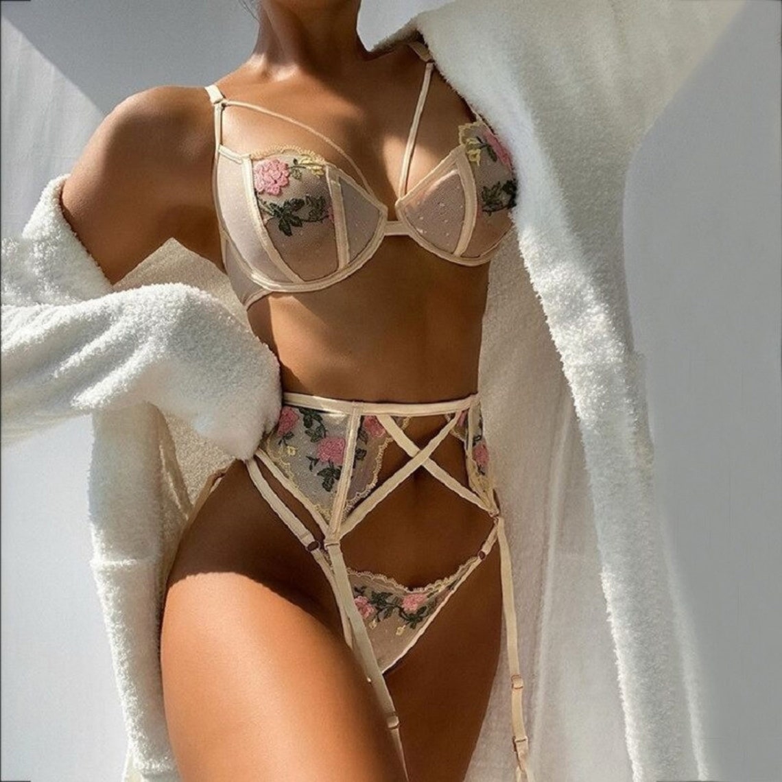 Floral Embroidery Lace Lingerie 3 Piece Set Sexy Underwear Etsy 