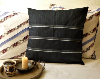 Cushion "Fritzi", snuggle-like, dark blue denim with sewn-on stripes, pillow cover and inlet washable, unique