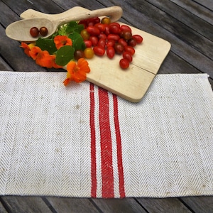 2 &quot;Moin&quot; placemats made from an original historic grain sack, around 1900, hand-woven linen, red stripes, sustainably produced