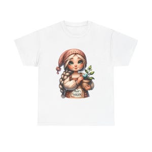La pequeña ayudante del jardín: Niña de dibujos animados caprichosa, ilustración del jardín de mamá, cabello rubio trenzado, gorro de punto rosa, personaje de ojos verdes, adorable