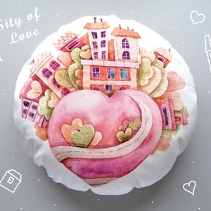 Round Pillow for Valentines Day gift,  &quot;City of Love&quot; cushion for Galentines Day, Birthday or Wedding gift