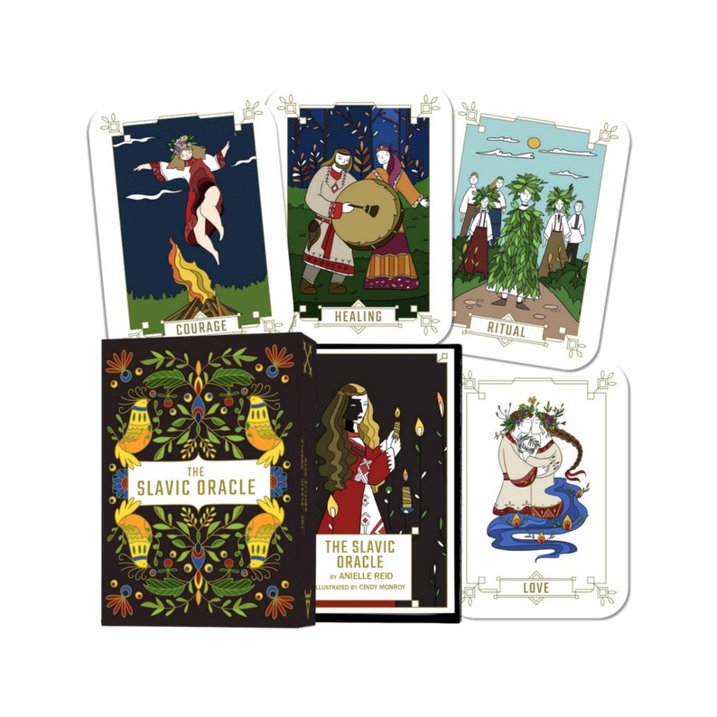 May include: A deck of cards with colorful illustrations of people in traditional Slavic clothing. The cards are titled "The Slavic Oracle" and feature themes like courage, healing, ritual, and love.